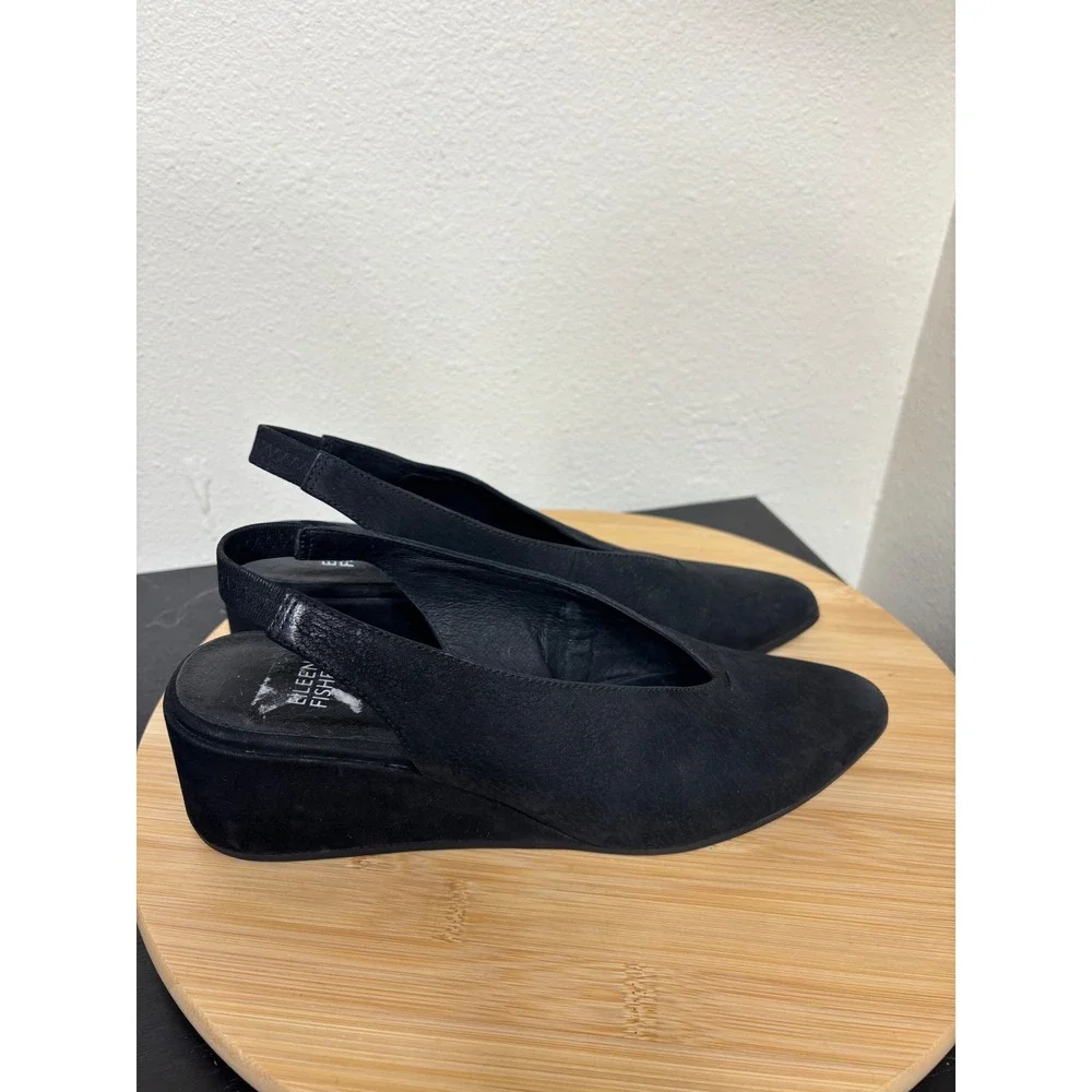 Eileen Fisher Wedges 8 Slingback Black Nubuck Pointed Toe V-Neck Pumps